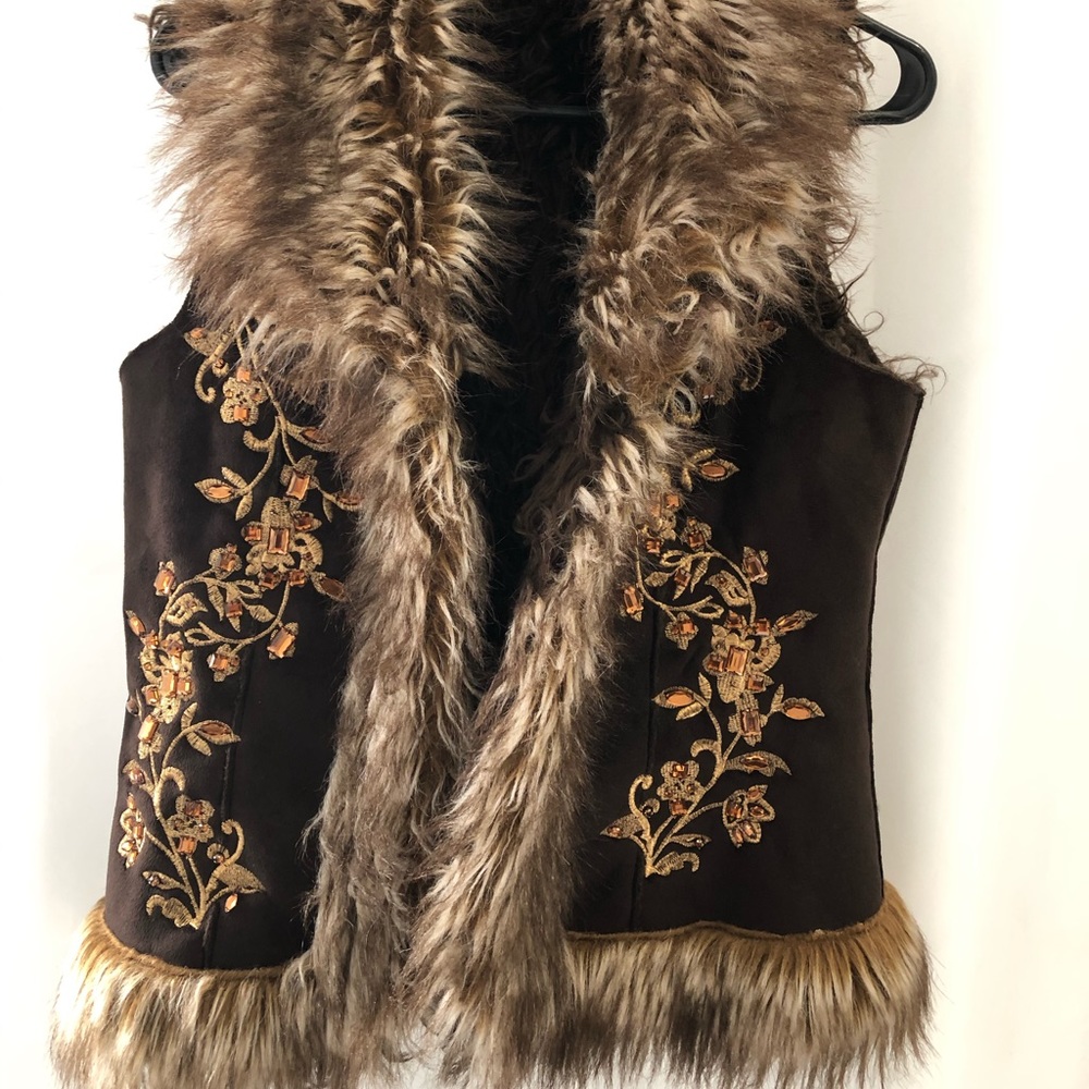 INC Faux Fur Brown Vest Gemstones Petite Small